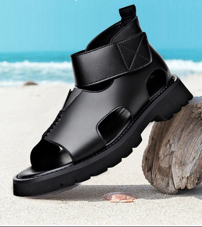 Cow Leather Sandals for Men 2025 Summer New Designer Big Size Increase Roman Beach Shoes Male Fashion Casual Black Sandals Man