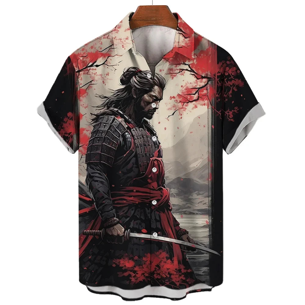 Vintage Japanese Samurai Hawaiian Retro Shirt For Men Social Blouse 3d Short Sleeve Tops Harajuku Streetwear Summer Man Clothing