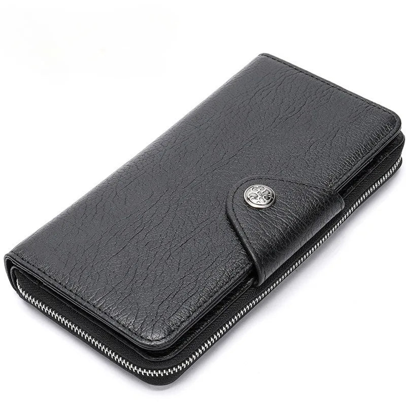 Leather long wallet men's top layer cowhide black business wallet horizontal square hand-held bag