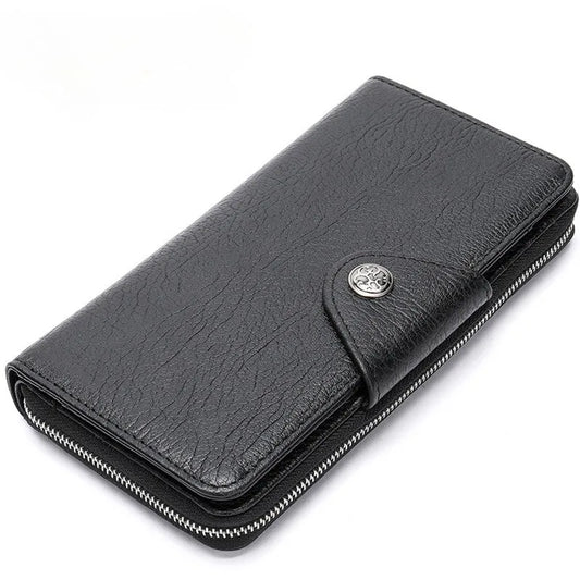 Leather long wallet men's top layer cowhide black business wallet horizontal square hand-held bag