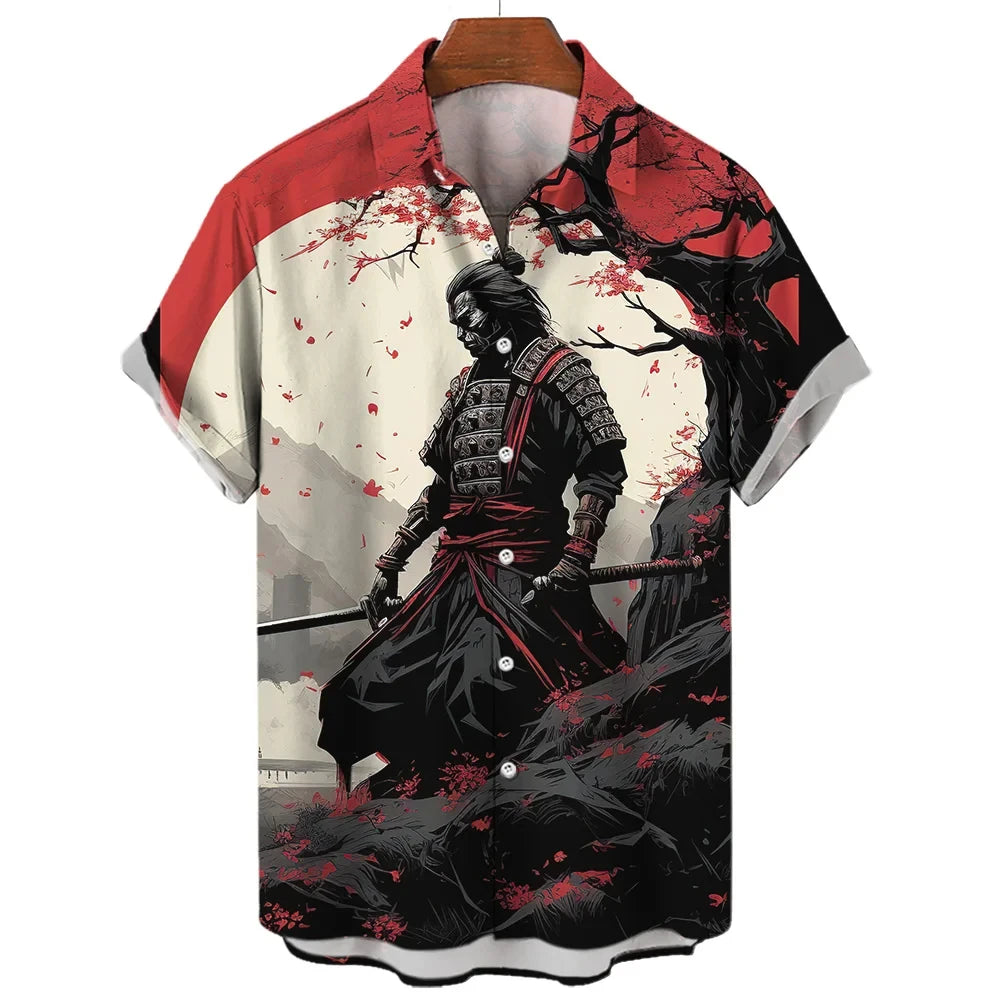 Vintage Japanese Samurai Hawaiian Retro Shirt For Men Social Blouse 3d Short Sleeve Tops Harajuku Streetwear Summer Man Clothing