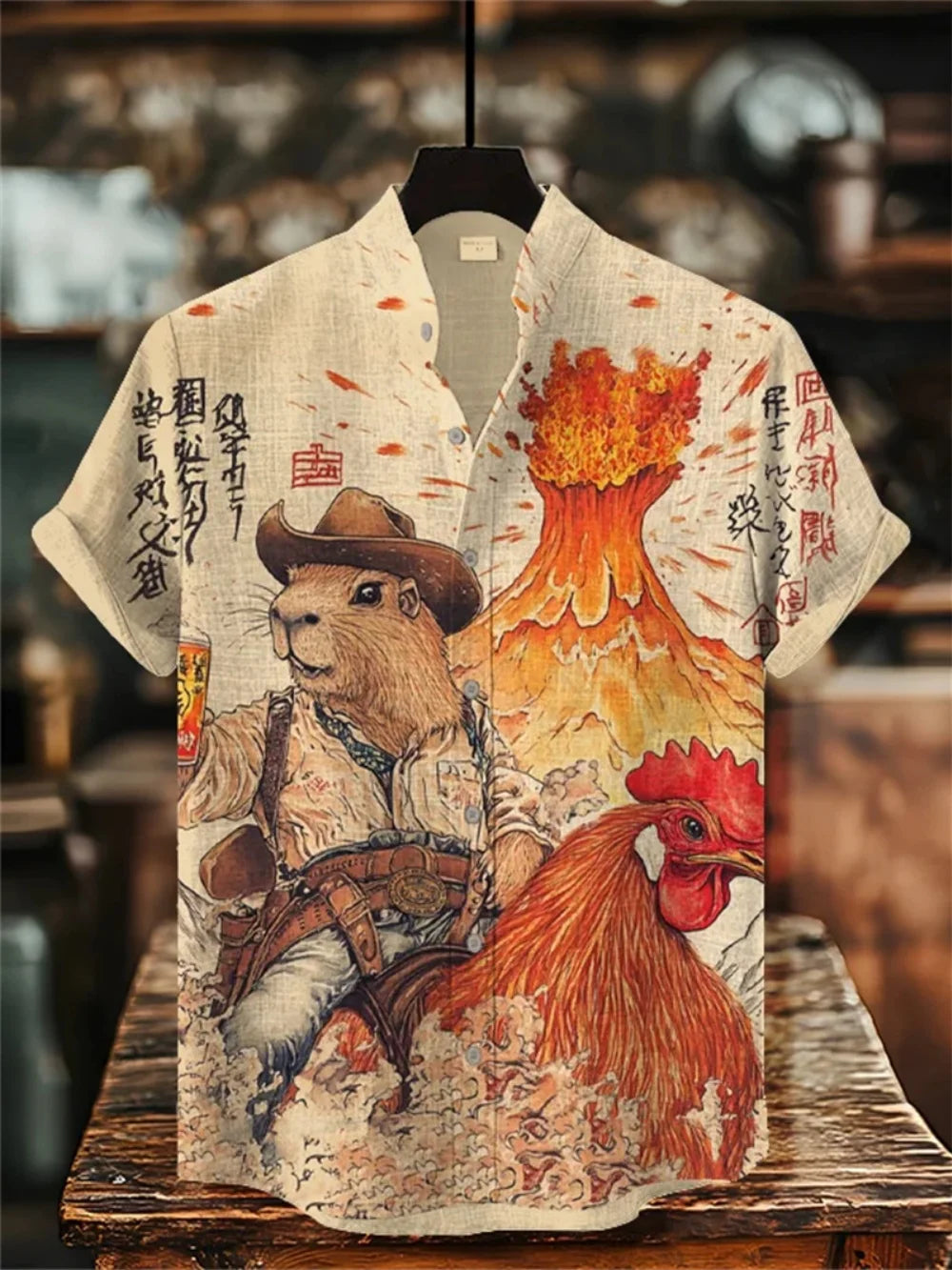 Men's Hawaiian Stand up Collar Printed Linen Shirt Casual Vacation Outdoor Breathable Loose plus Size Top