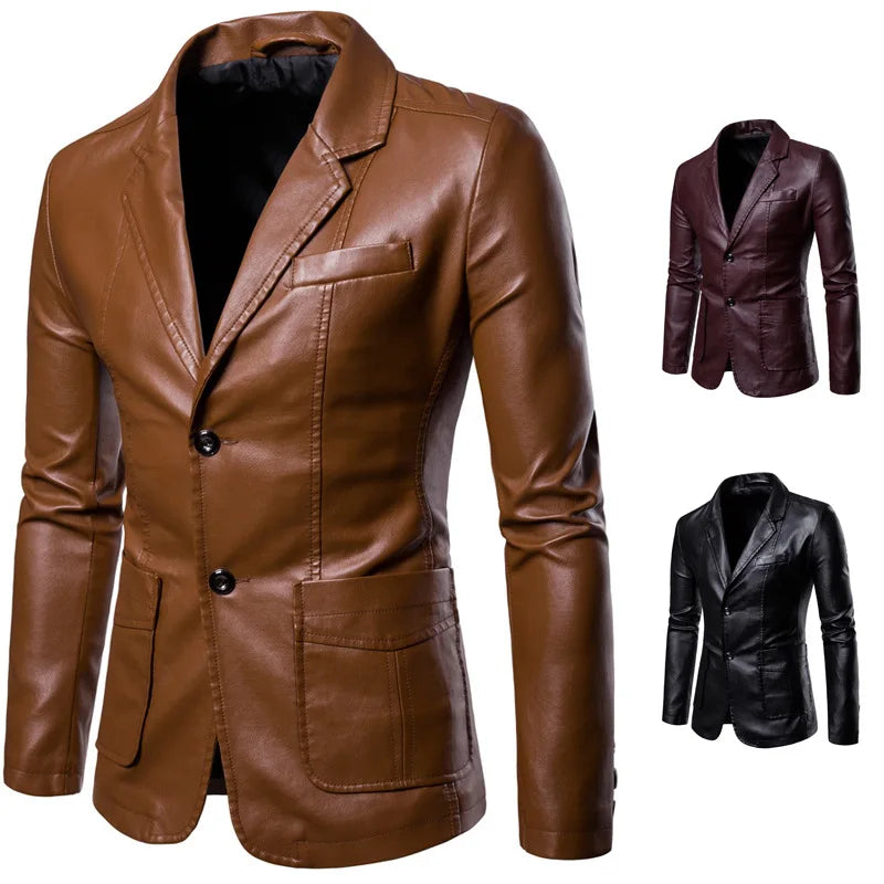 2026 Men's Leather Suits Jackets Blazers Slim Fashion Male PU Leather Overcoats Blazers Jackets Coats Oversized Leather Jacket