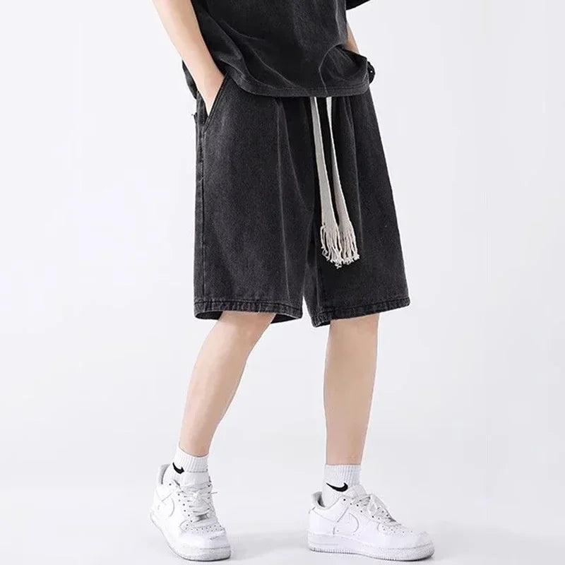 Men New Casual Shorts Male Summer Fashion Straight Leg Five Quarter Loose Fit Denim Pants High Street Wide Leg Baggy Pants