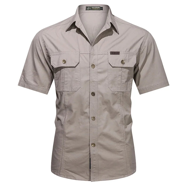 Summer men's thin short sleeved shirts, men's outdoor work clothes, multi bag half sleeved tops, pure cotton washed shirts