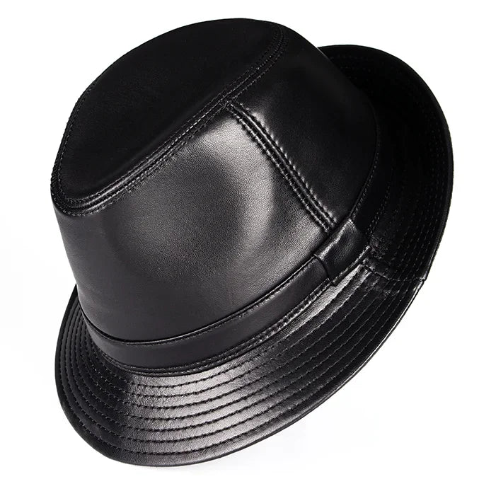 Real Leather Quality Genuine  Jazz Fedora Gentleman  SheepSkin Short Brim Black/Brown Hip Pop Fitted Top Hat Male Shows
