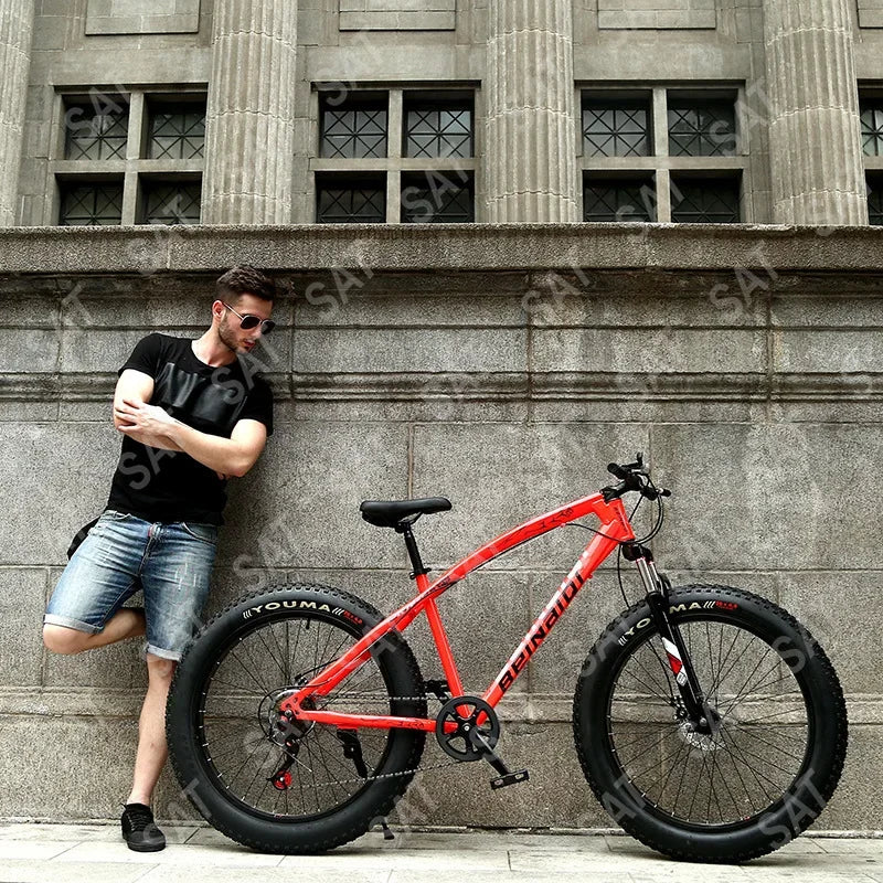 AAFor Leopard 26 Inch 7 Gear Shock Big Tyre Double Disc Brake Snowmobiles Mountain Bike Fat Tyres Beach Bicycle