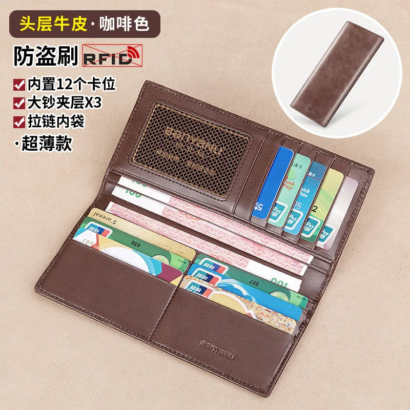 Banyanu Leather Factory Wallet Men's Long Leather Ultra Thin Anti theft Brushed Leather Wallet with Zipper Leather Wallet