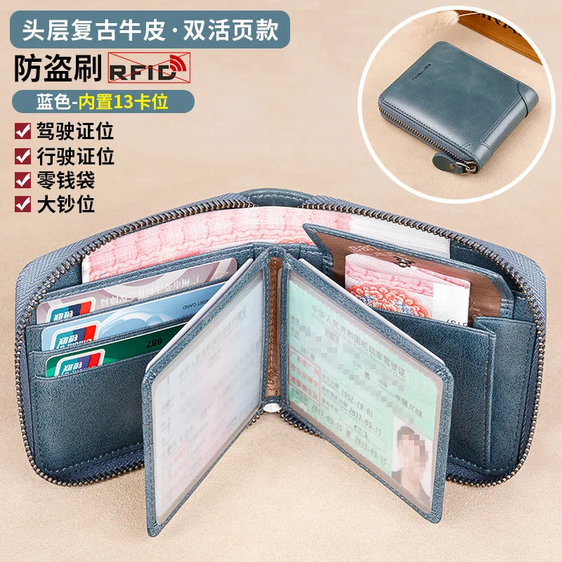 Fashion Genuine Leather Wallet For Men Zipper Complete Closure Wallet Driving License Credit Card Holder Coin Bag Men's Wallet