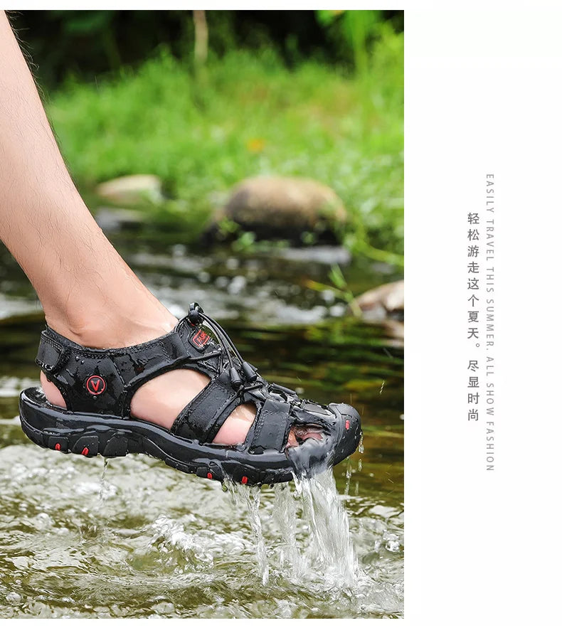 Summer Men Sandals Genuine Leather Mens Casual Shoes Outdoor Men Leather Sandals for Men Beach Shoes Roman Shoes Plus Size 38-48