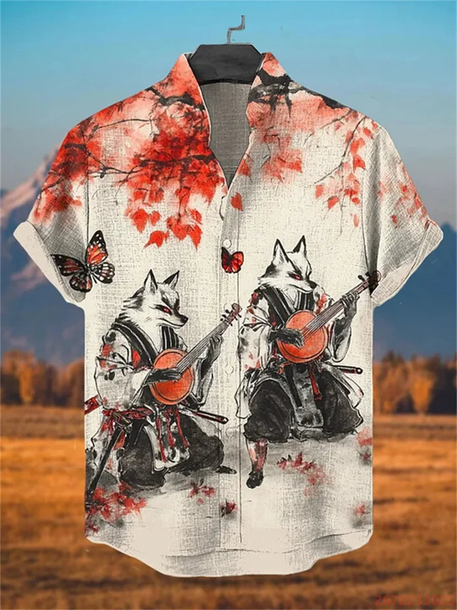2026 New Japanese Style White Wolf Print Short-Sleeve Shirt for Men, Retro Trendy Anime Style Fashionable Cardigan Vacation Top