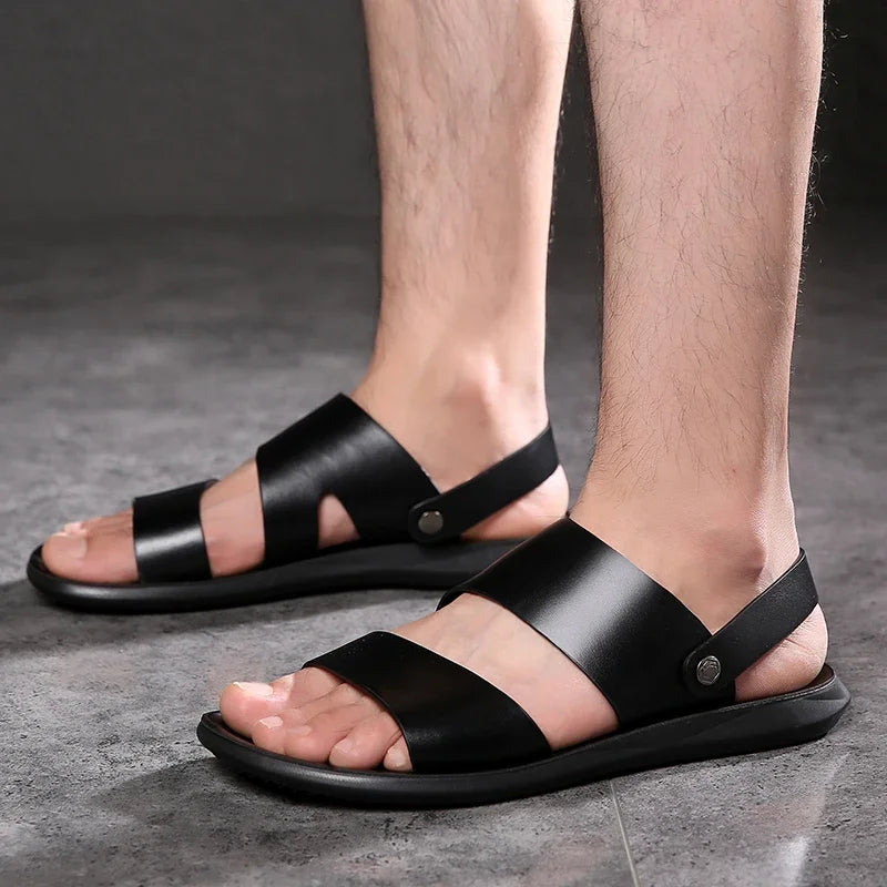 Summer Dress Men Sandals Leather New 2025 Fashion Vintage Men Shoes High Quality Soft Comfort Casual Flats Beach Male Slippers