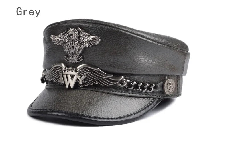 Unisex German Military Cap Man Genuine Leather Flat Top Hat Korean Fashion Eagle Mark Chain Punk Locomotive Casquette Male