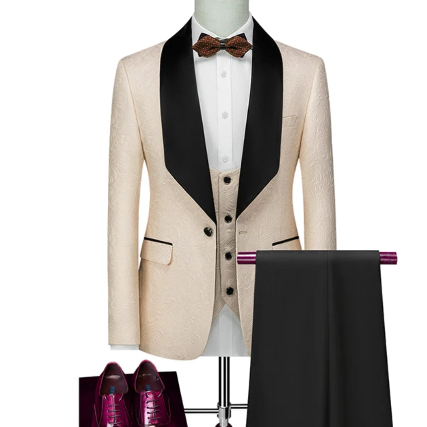 Hot Selling Men Suits Pattern and Black Groom Tuxedos Shawl Satin Lapel Groomsmen Wedding Best Man ( Jacket+Pants+Vest+Tie) C691