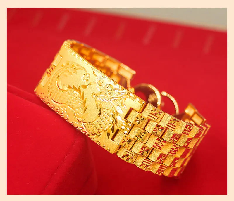 Exquisite Dragon Vein Car Flower Bangle Chain 14k Gold Color Watch Chain Wedding Birthday Fine Jewelry Gift for Men Father Bro