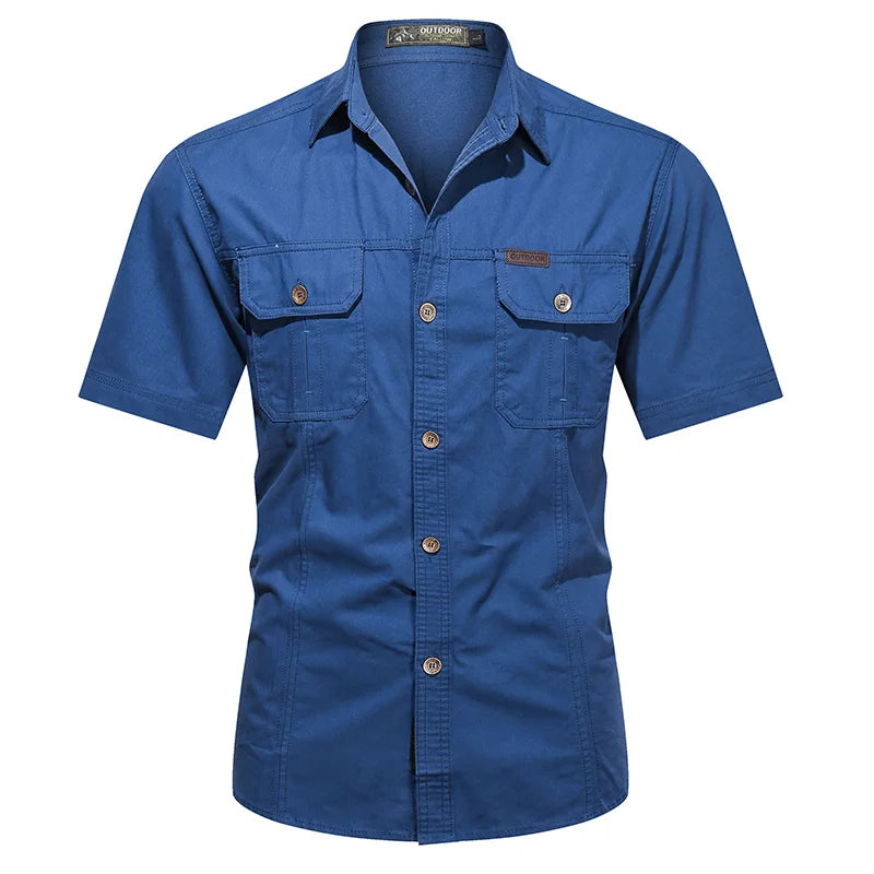 Summer men's thin short sleeved shirts, men's outdoor work clothes, multi bag half sleeved tops, pure cotton washed shirts