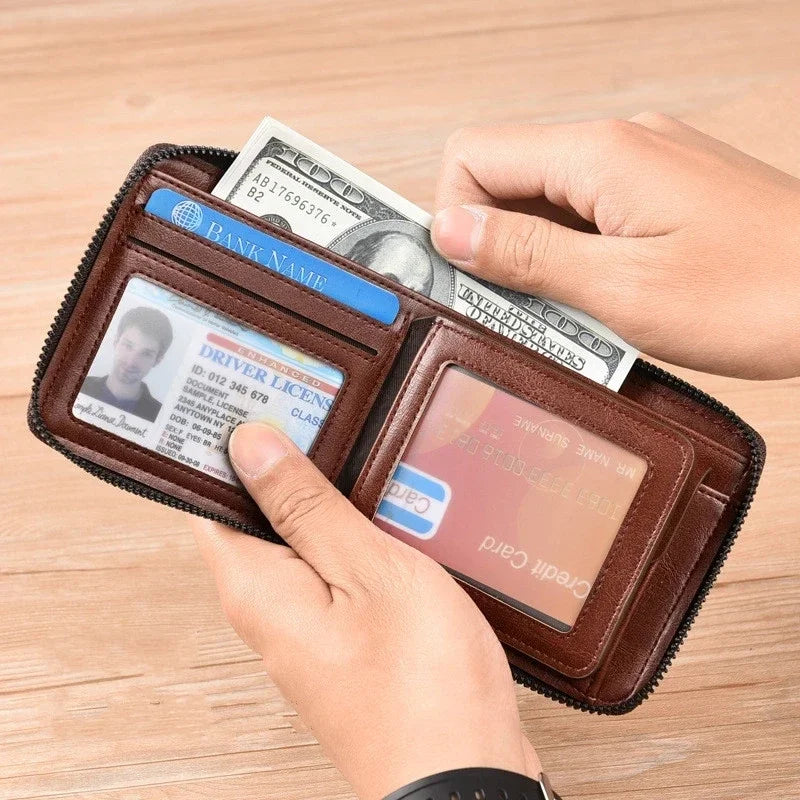 Leather Men’s Wallet Luxury Mens Purse Male Zipper Card Holders with Coin Pocket Rfid Wallets Gifts for Men Money Bag