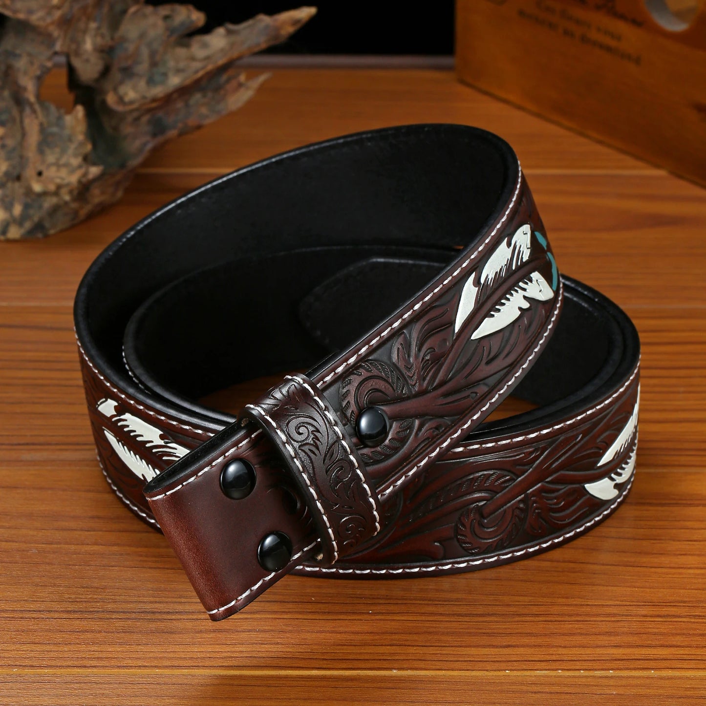 1 Pair of Genuine Leather Men's Belts (Without Buckles), Embossed Design, Feather Pattern Button Design, Convenient and Versatil