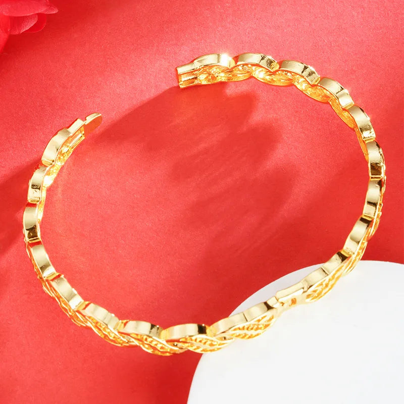 Goldpure Luxury 24K 9999 Pure Gold real gold Women's Leaf Bracelet Hollow Twist Buckle Bracelet