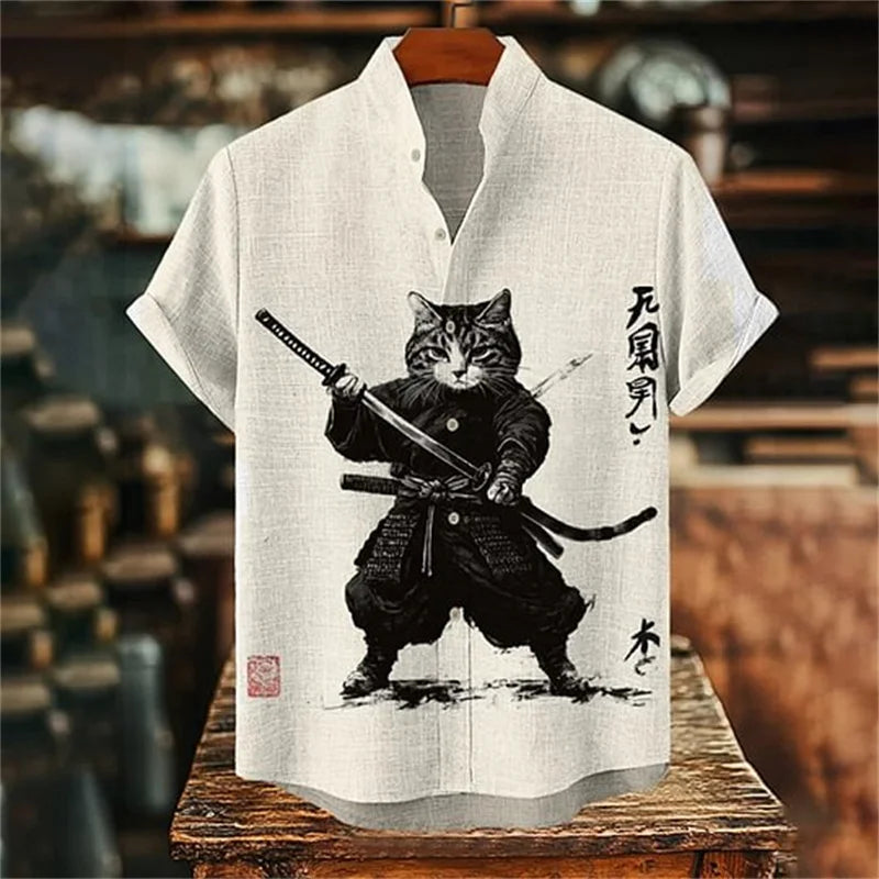 Men's Fun Black Cat Warrior Art 3D Animal Printed Casual Shirt Summer Men's Short sleeved Shirt Hawaiian Top