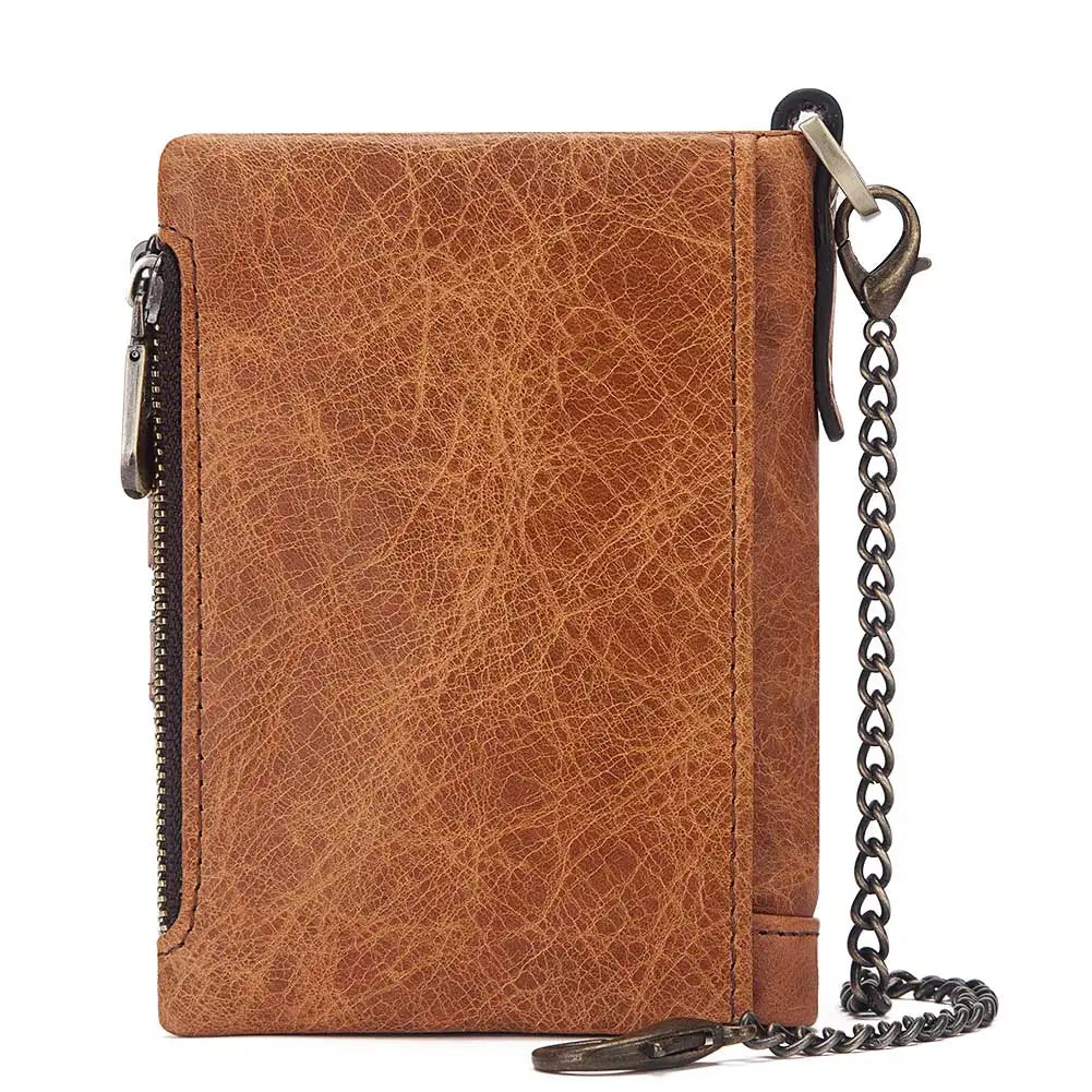 LAREET Fashion Genuine Leather Wallet With Cowhide For Men Money Card Holder Purse RFID Short Double Zipper Coin Pocket Bifold