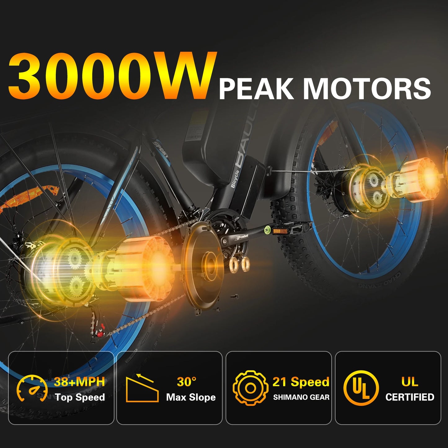 BAOLUJIE Adult E-bike Peak 3000W 48V23Ah Battery Commute Electric Bike,26-inch Tire City Ebike,38MPH Dual motor Electric Bicycle