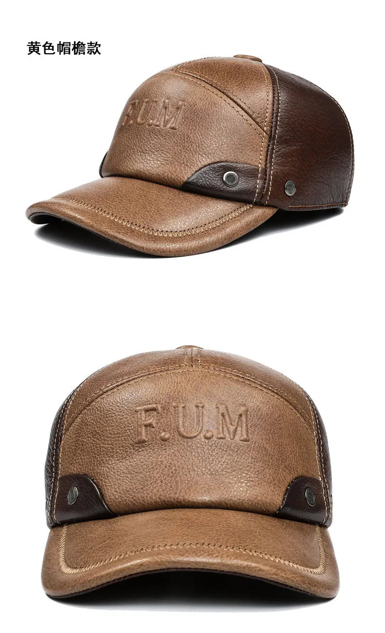 New Autumn Winter Men's Genuine Leather Cap Natural Cowhide Baseball Caps Thickened Warm Coldproof Ear Protection Earmuffs Hats