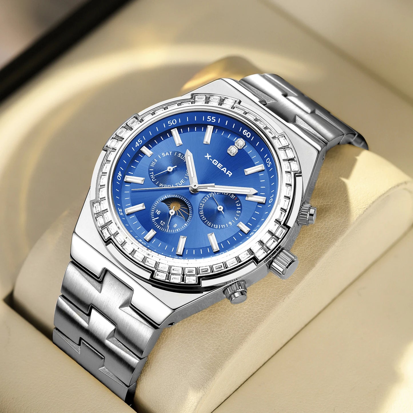 X-GEAR Men's Multifunctional Mechanical Watch with Stainless Steel Strap Calendar Feature Waterproof Night Light