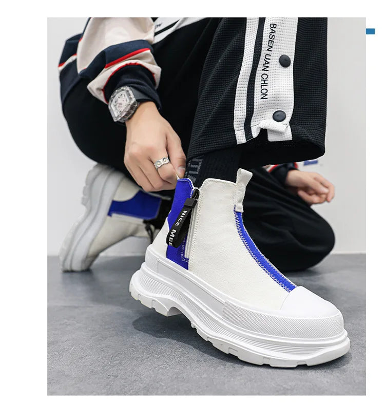 High-top Thick Soled Boots Men's Shoes for Spring Autumn Breathable Casual Chelsea Boots Men's Trend Canvass Side Zipper Sneaker