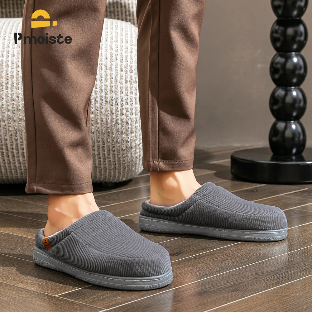 Warm Slippers for Men TPR Sole Memory Foam Soft Cushion Non Slip Stripe Design Comfortable Corduroy House Shoes