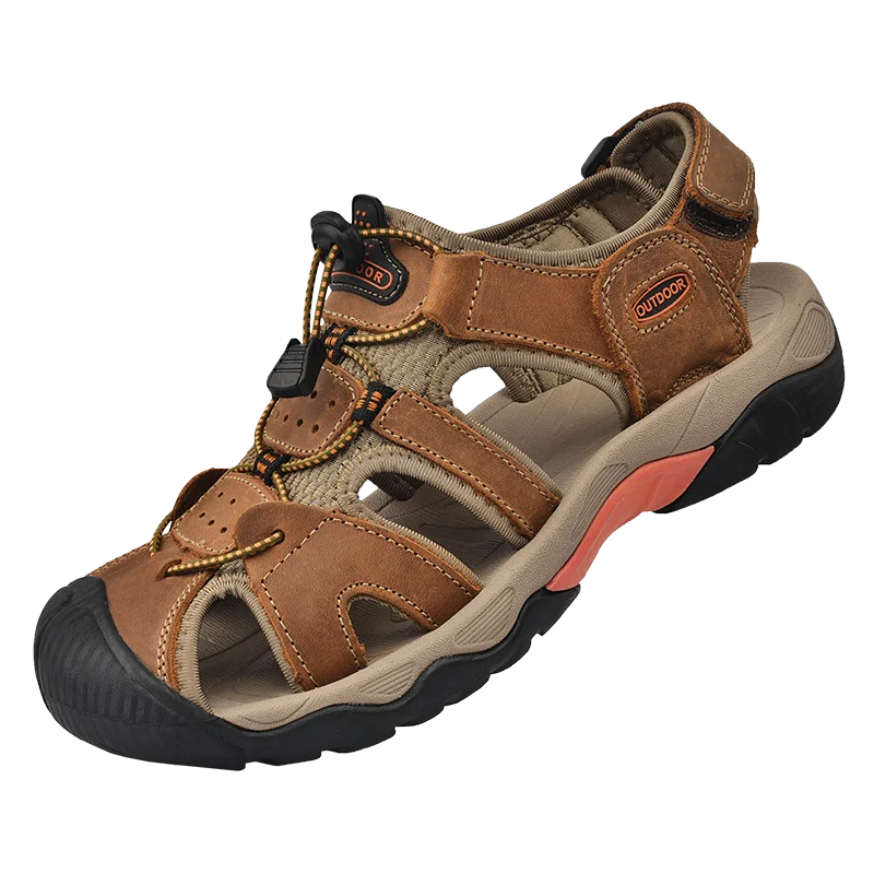 2024 Men Genuine Leather Shoes Men's Sandals Durable Handmade Stitching Close Toe Non Slip Footwear for Indoor Outdoor Beach