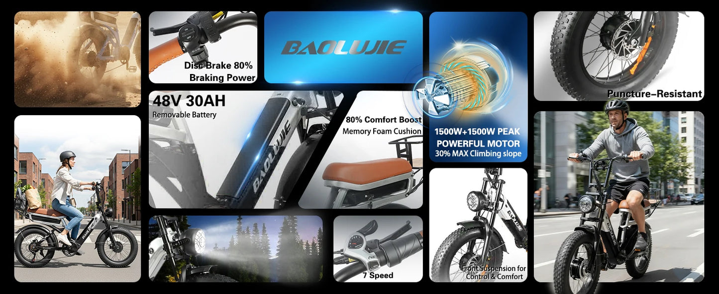 BAOLUJIE Peak 3000W/5000W Dual Motor Electric Bicycle  E-Bike for Adults，Electric Motorcycle 48V/52V Battery，Max Speed 38 MPH