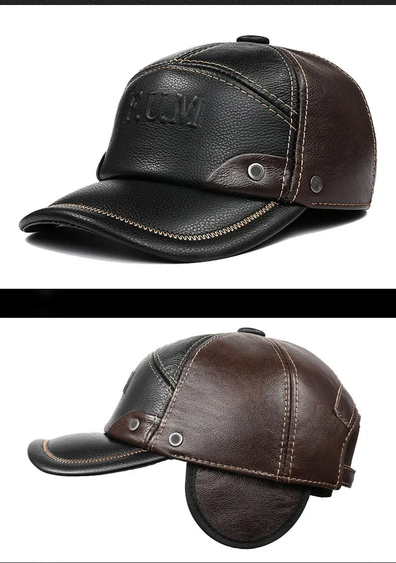 New Autumn Winter Men's Genuine Leather Cap Natural Cowhide Baseball Caps Thickened Warm Coldproof Ear Protection Earmuffs Hats