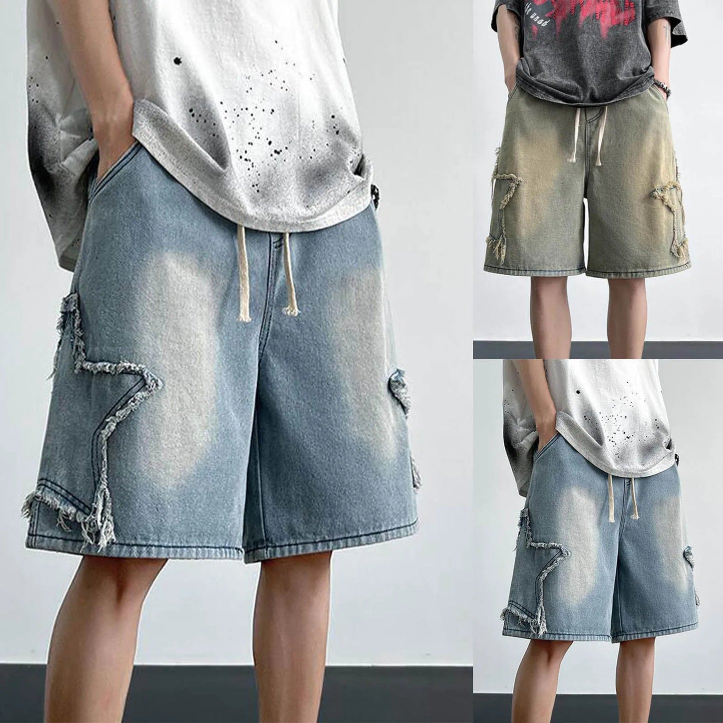 Fashion Denim Shorts For Men Summer Comfortable High Waist Drawstring Short Pants Men’s Streetwear Star Loose Casual Shorts