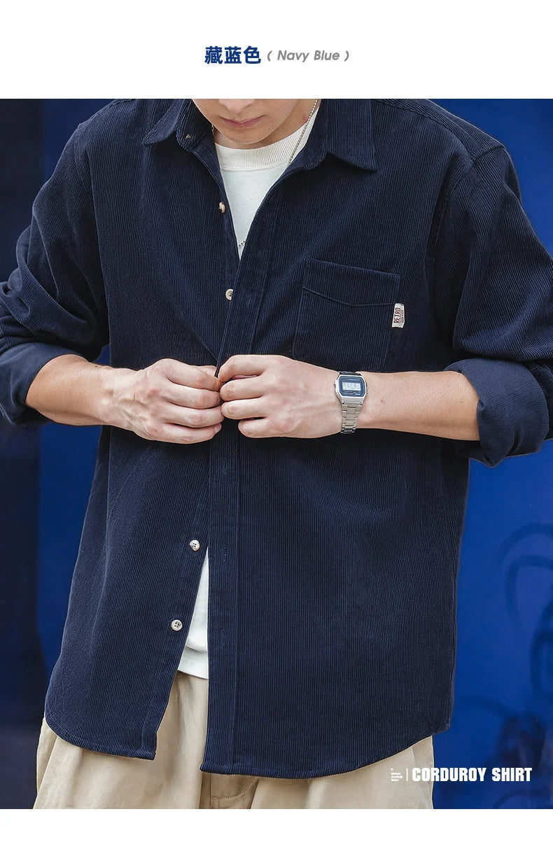 Maden Men's Shirt Casual Corduroy Long Sleeve Shirts Slim Fit Overcoat Spring Fleece Jacket Men's Clothing Retro Fashion Blouses