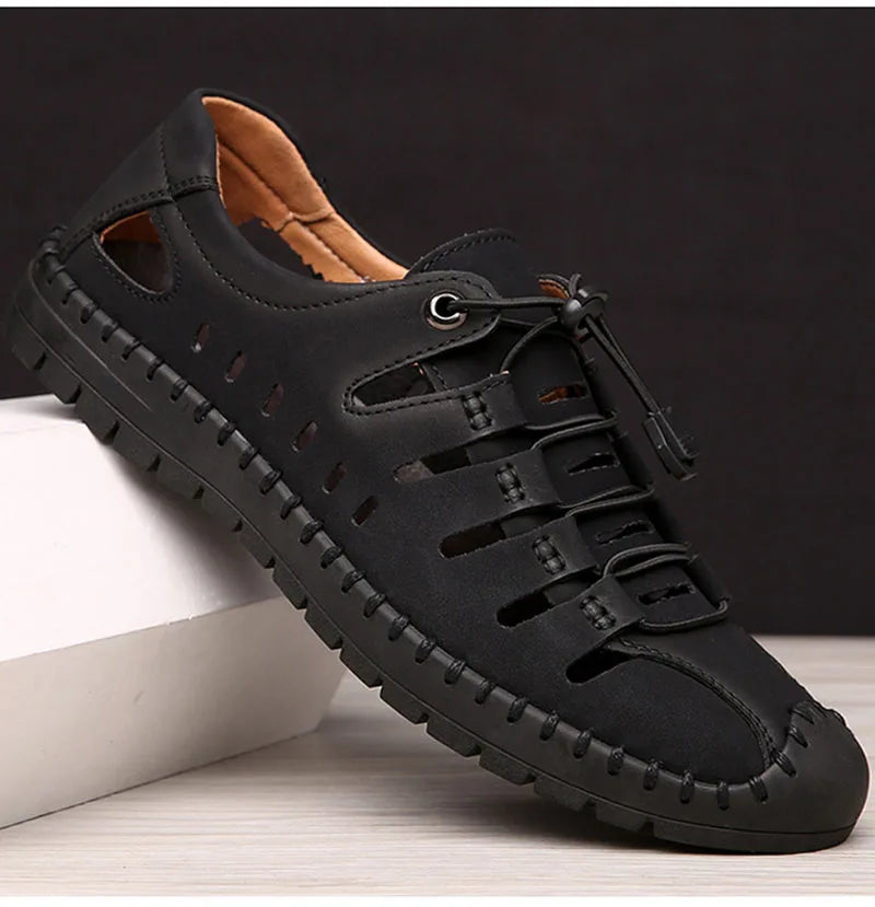 New 2025 Summer Shoes Men Sandals Genuine Leather Flat Non-slip Holiday Fashion Male Footwear Black Yellow D326