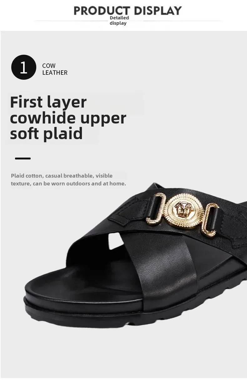 Trendy Versatile Men's Slippers Soft Sole One-Piece Genuine Leather Beach Shoes Cross Strap Casual Shoes Summer 2024