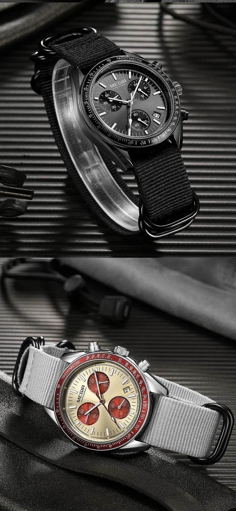 MEGIR New Luxury Men's Watches Canvas Weaving Strap Sport Automatic Chronograph Quartz Waterproof Wristwatch for Male 2247