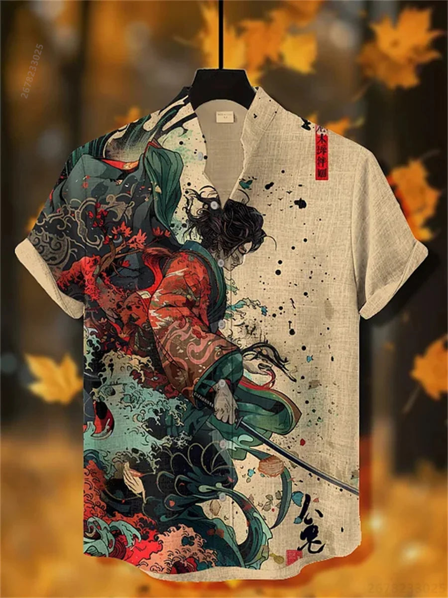 Men's short-sleeved shirt with samurai print and stylish ink painting design, summer casual men's top, trendy retro streetwear.
