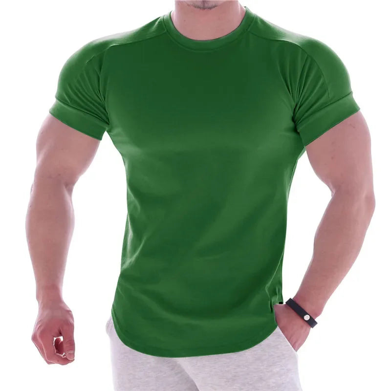 NEW Men Summer T Shirts High Elastic Slim Fit T shirt Men Quick-drying Curved Hem Mens T-Shirts Fitness casual Solid Color tops