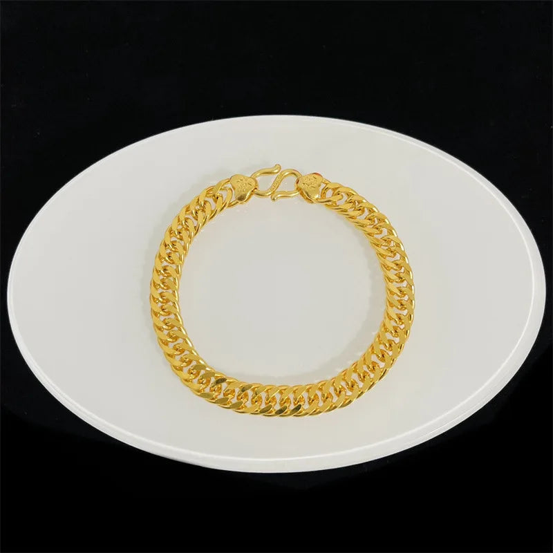 9999 24K real gold jewelry flat bracelet boss Fu's head hand jewelry men's and women's bracelet