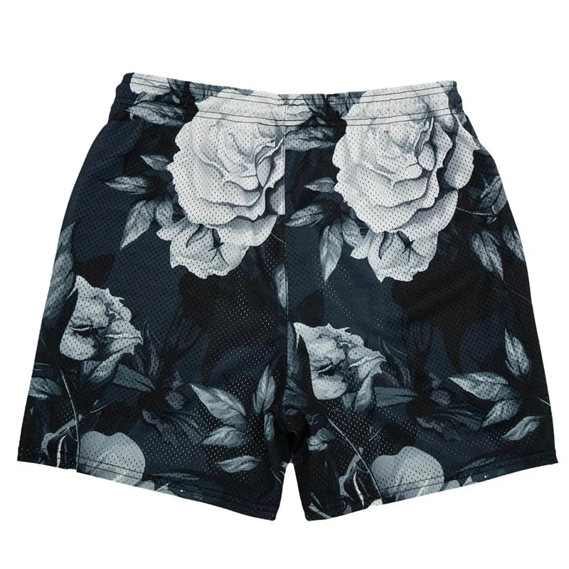 Summer New men short pant Rose Design Casual Shorts Street Hip Hop Fitness Polyester Fast Dry Breathable Embroidery Men Shorts