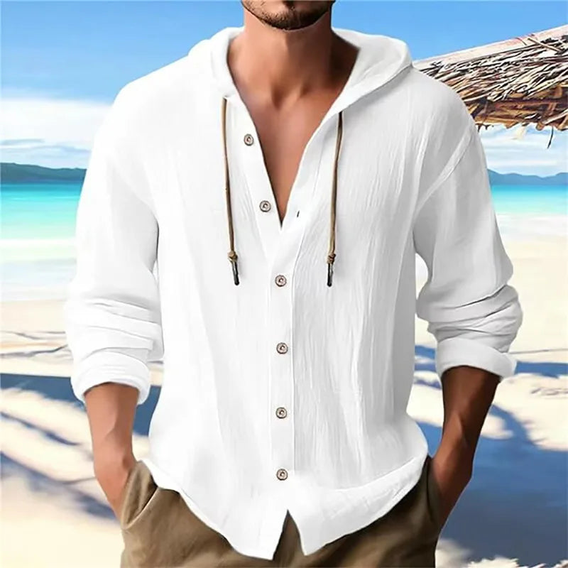 Men's Beach Casual Shirts Cotton Linen Hooded Long Sleeve Shirt Man Fashion Loose Solid Button Cardigan Streetwear Tops Clothing