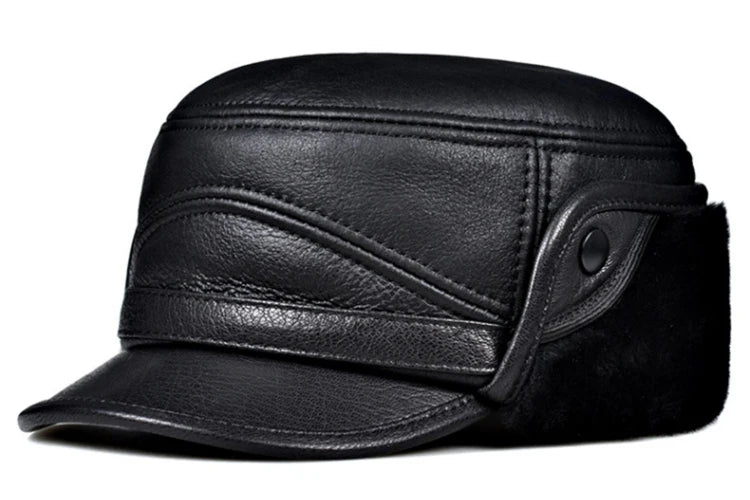 High Quality Genuine Leather Hats Winter First Layer Cowhide Warm Earmuffs Bomber Caps Plus Velvet Thicken Man Bone Caps Dad Hat