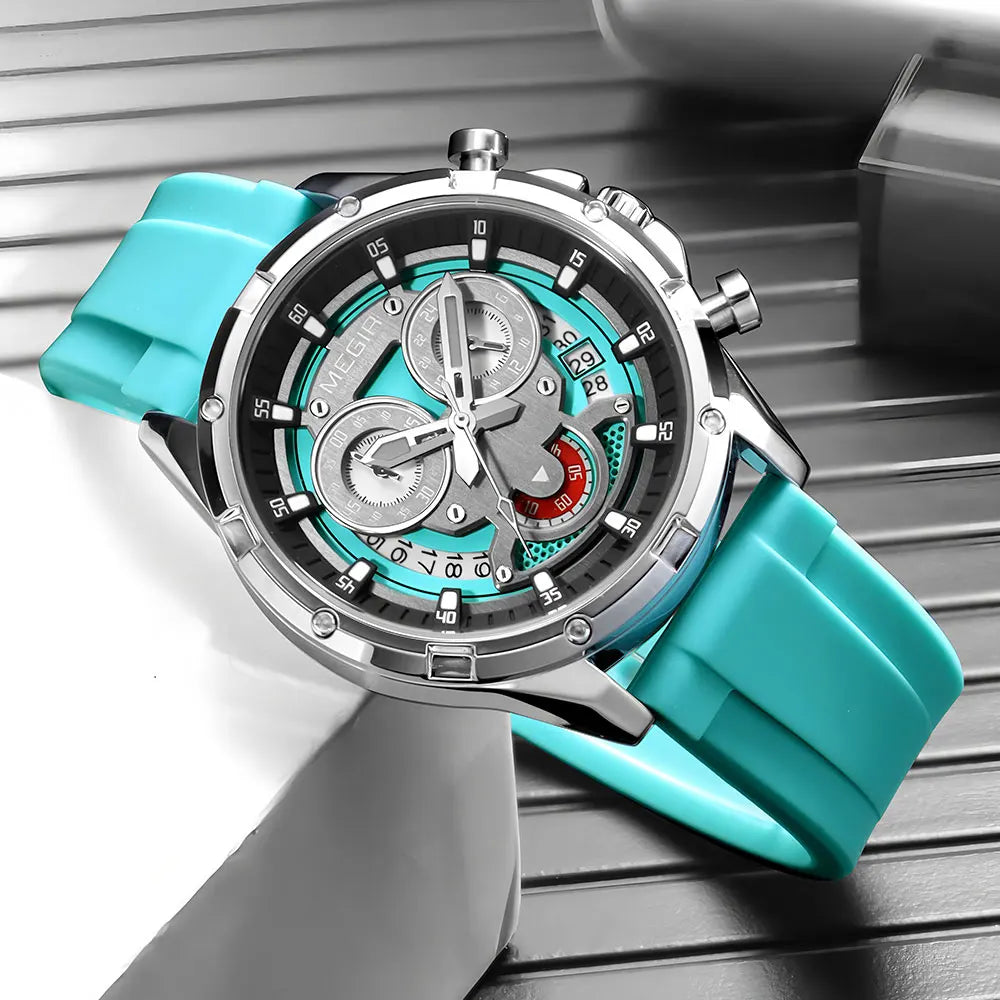 MEGIR New Sport Watches for Men Fashion Chronograph Quartz Wristwatch with Silicone Strap Luminous Hands Calendar Waterproof