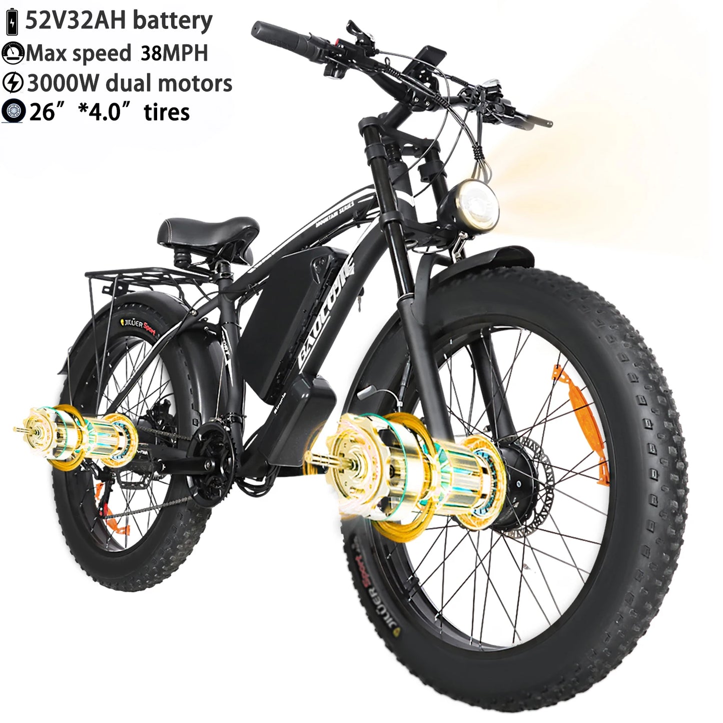BAOLUJIE Peak 3000W/5000W Dual Motor Electric Bicycle  E-Bike for Adults，Electric Motorcycle 48V/52V Battery，Max Speed 38 MPH
