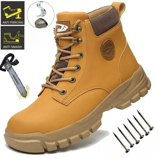 Work Safety Boots for Men, Anti-smash Steel Toe Shoes, Puncture-proof, Indestructible, Waterproof Sneakers Brown Boots