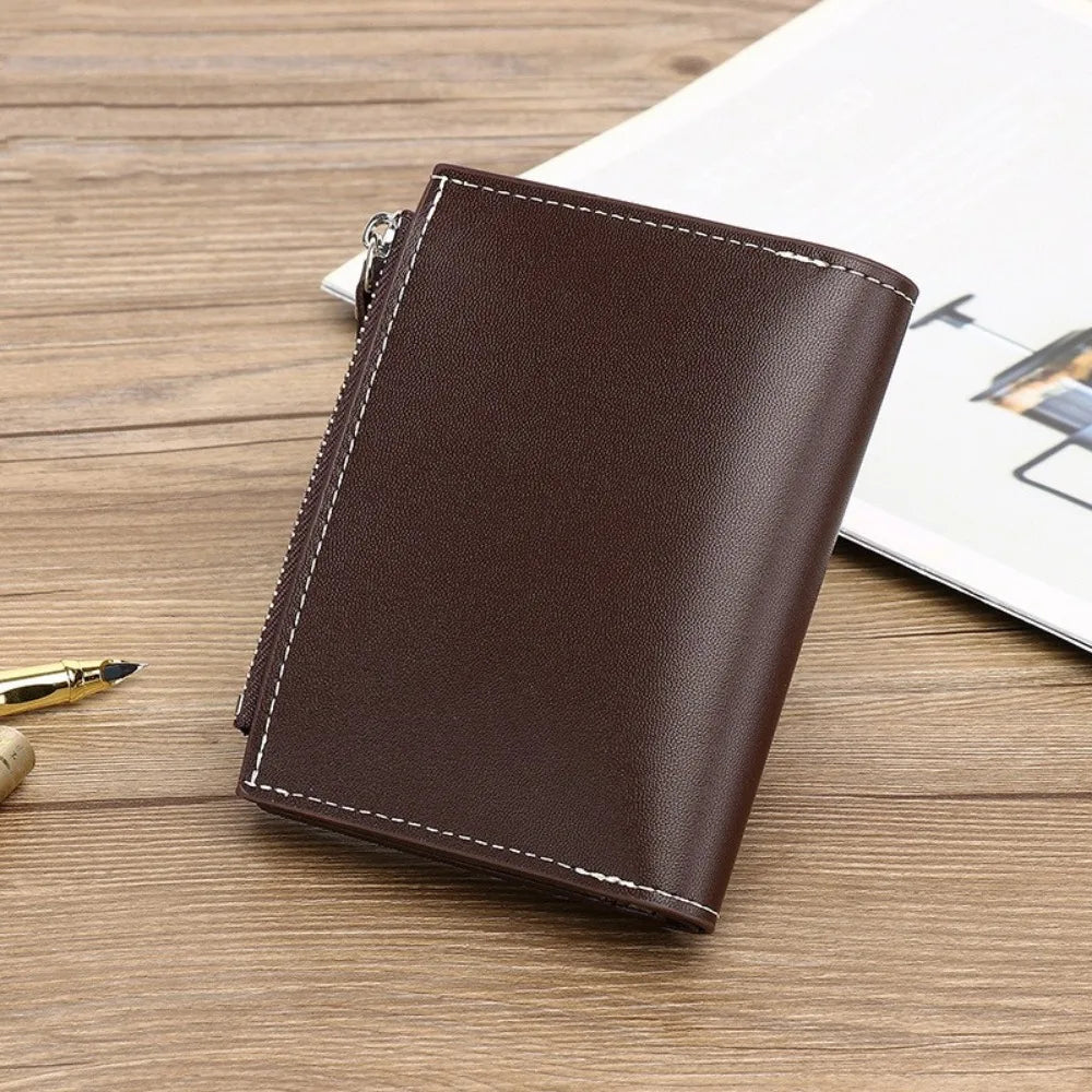 Luxury Short Men Tri- Fold Wallets PU Leather with Zipper Coin Purse Multifunctional Buckle Photo Card Holder Man Purses Wallet