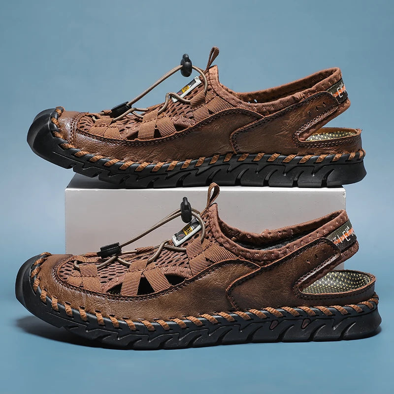 Men's Sandals Summer Leather Fisherman Beach Shoes Closed Toe Sandals for Men Handmade Breathable Water Sandals Outdoor Non Slip