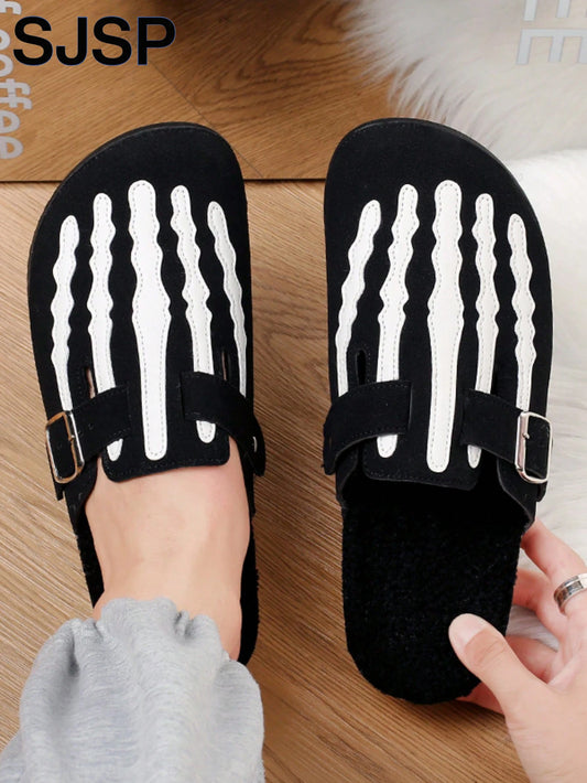 Men's Slip-On Slippers, Skull Print Design, Casual Backless Mule Sandals, Suitable for Indoor/Outdoor Wear, Minimalist Street Style, Daily Walking and Casual Comfortable Slippers
